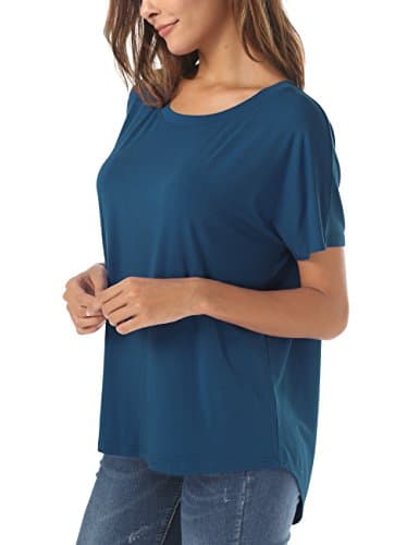 Women's Casual Tshirt Wide Neck Short Sleeve Well Made Hi Low Loose Fit Shirts with Side Slit Beja Blue XX-Large - Thumbnail 3