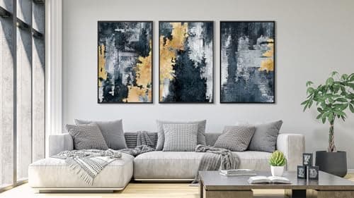 Large Framed Abstract Wall Art - Natural Frame Retro Canvas Pictures for Living Room Modern Canvas Prints Navy Blue for Bedroom, Black Float Frame Art for Home Office Kitchen Decor 24" X 36" X 3pcs - Thumbnail 3