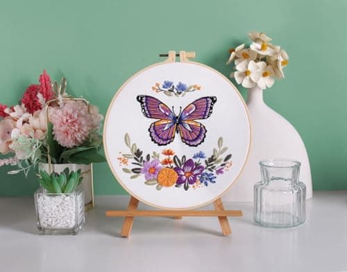 Mozzyyee 3 Sets Embroidery Starter Kit for Beginners Adults Include 3 Embroidery Clothes with Instructions Hoops Floss Thread Fabric Needles (Butterfly) - Thumbnail 6