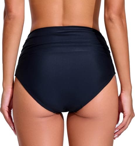 COCOPEAR V-Cross High Waisted Bikini Bottoms Tummy Control Full Coverage Bikini Bottoms for Women Black S - Thumbnail 5