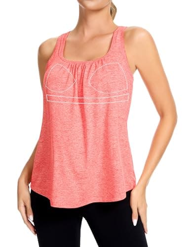 SLIMBELLE Mesh Racer Back Tank Tops Womens Gym Yoga Athletic Workout Tops Round Neck Sleeveless Loose Fit Cami with Built in Bra Red M - Image 1