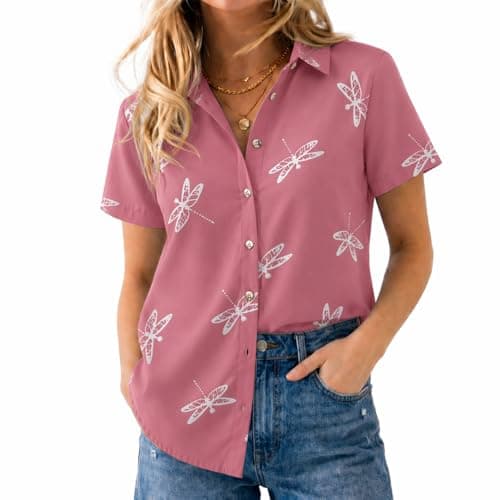 Chicwave Women's Short Sleeve Button Down Shirt, Collared V Neck Floral Print Blouse, Lightweight Business Casual Top for Office Work, Travel, Vacation, Summer, Pink - Thumbnail 2
