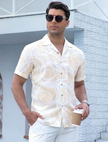 Damipow Linen Shirts for Men Hawaiian Shirt Short Sleeve Button Down Beach Vacation Shirt,Khaki,2XL - Thumbnail 3