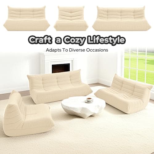 HABUTWAY Bean Bag Chairs Fireside Lazy Floor Sofa, Soft Teddy Fleece 2 Seater Sofa with High-Resilience Foam Filling，Beanbag for Living Room, Bedroom, Office (Khaki Teddy) - Thumbnail 6