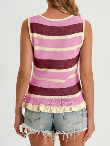 Cicy Bell Womens Striped Sweater Vest Summer Casual Sleeveless Ruffle Knit Tank Tops Crew Neck Lightweight Shirts Pink - Thumbnail 4