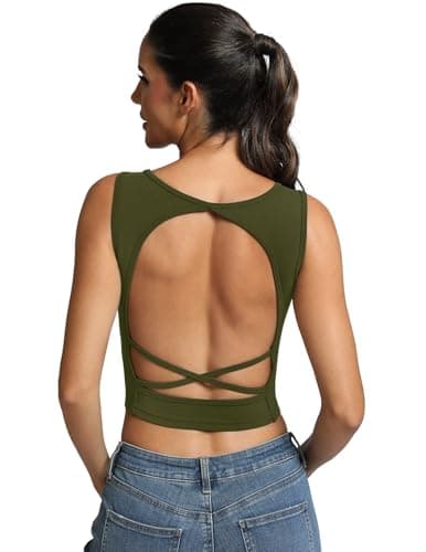 Fihapyli ICTIVE Women's Sleeveless Backless Tank Top Criss Cross Back Slim Fit Workout Yoga Crop Casual Shirts ArmyGreen XL