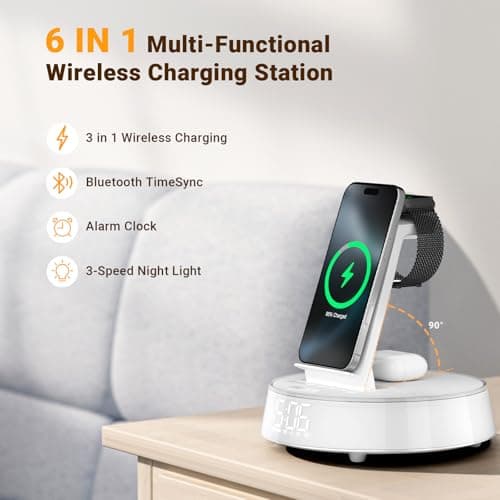 Alarm Clocks for Bedrooms with Wireless Charging Station, iPhone Charging Station with Dimmable Night Light Bluetooth Speaker, Wireless Charger for iPhone 17 16 15 14 13 12 Pro Max, Apple Watch 11 - Thumbnail 2