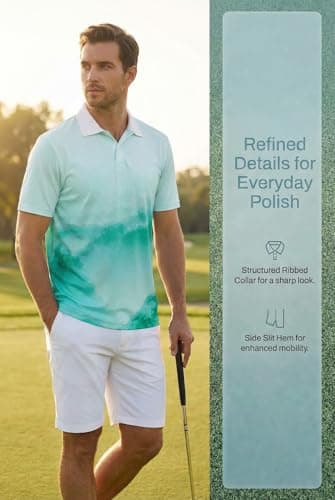 KUYIGO Mens Golf Shirt Short Sleeve Novelty Golf Polo for Men Dry Fit Moisture Wicking Casual Collared Print Polo Shirt M Turquoise - Thumbnail 6