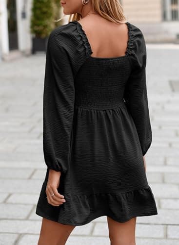 Dokotoo Womens Dresses 2026 Long Sleeve Empire Waist Casual Ruffle Smocked Mini Dresses Black XX-Large - Thumbnail 2