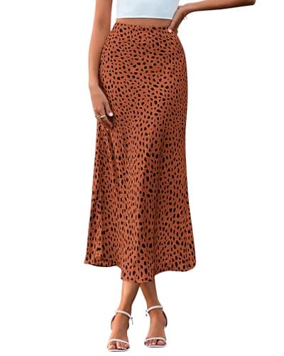 BTFBM Satin Skirts for Women Trendy Spring Summer 2026 High Waisted Leopard Print Cocktail Wedding Long Silk Midi Skirt(Dot Brick Red Black, Medium) - Image 1