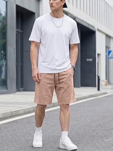 JMIERR Acid Washed Cotton Shorts for Men Relaxed Fit Stretchy Comfy Elastic Waist Drawstring Streetwear Summer Y2K Vintage Baggy Dress Shorts, Light French Beige, Small - Thumbnail 5