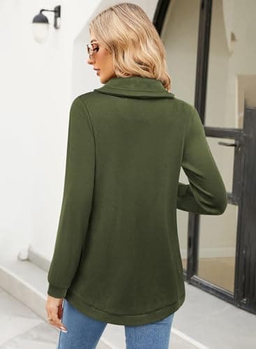 Bulotus Oversized Sweatshirt for Women Long Sleeve Cowl Neck Loose Fit Tops Drawstring Pullover Long Tunics for Jeans Older 2025 Fall Casual Comfy Army Green XXL - Thumbnail 3
