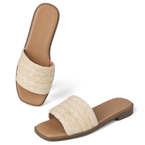 femflame Flat Sandals for Women Slide Sandals Women's Espadrilles Sandals Summer Comfort Sandals Beige Woven Slip on Shoes with Open Square Toe for Beach Walk Shopping Work - Thumbnail 4