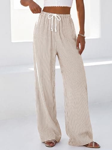 BTFBM Striped Wide Leg Pants for Women Spring Summer 2026 Drawstring Lounge PJ Beach Bottoms Casual Trousers Pockets(Brown, Small) - Thumbnail 5