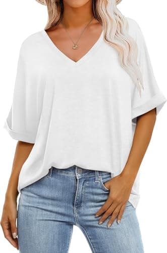 GKBK Womens Oversized T Shirts V Neck Loose Fit Shirts Short Sleeve Summer Casual Tops 2025 Trendy Blouses Y2K Plain Tees White XL - Image 1