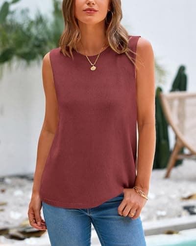 BTFBM Sleeveless Sweater Tops for Women 2026 Crew Neck Lightweight Casual Loose Tank Summer Outfits Fashion Clothing(Maroon, Medium) - Thumbnail 4