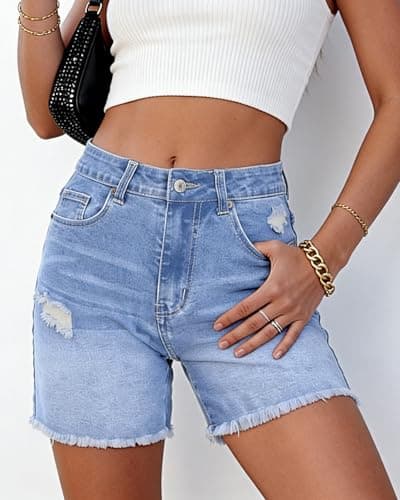 SEASEESI Jean Shorts for Women Trendy High Waisted Stretchy Ripped Denim Summer Frayed Raw Hem Mom Long Shorts Cutoff 2026 Jorts（Light Blue M） - Thumbnail 2