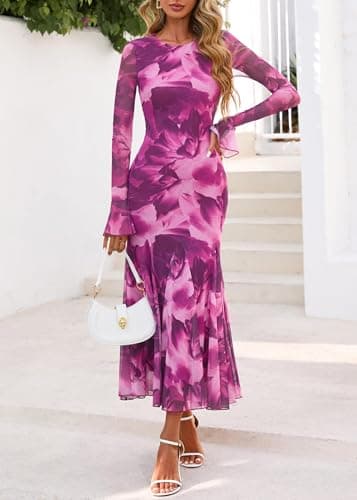 Lazysmile Women's Long Sleeve Floral Maxi Dresses Fall Formal Crewneck Bodycon Mesh Ruffle Wedding Guest Cocktail Party Dress Purple - Thumbnail 3