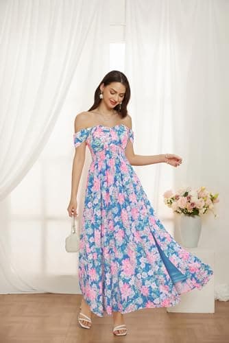 GRACE KARIN Summer Floral Dress for Women 2026,Off the Shoulder Smocked Bridesmaid Dresses,Formal Baby Shower Maxi Dresses Blue Pink M - Thumbnail 3