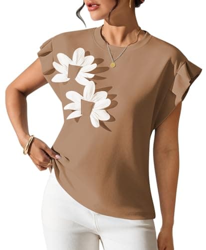 Pink Queen Women's Ruffle Short Sleeve Tops Crew Neck T Shirts Trendy Floral Blouses Cute Straw Yellow S - Image 1