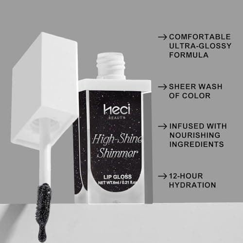 HECI BEAUTY Glitter Lip Gloss, Hydrating High Shine Lipgloss for Women, Non-Sticky Plumping Lip Oil with Vitamin E, Long Lasting Shimmer Finish for Daily Makeup, Midnight Black, 0.21 fl oz - Thumbnail 3