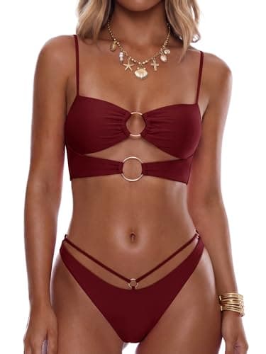ANRABESS Bikini Sets for Women Summer Sexy Double Loop Cheeky Thong Bathing Suits Beach Vacation Swimwear Deep Red X-Large - Image 1
