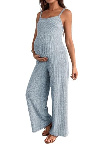 BLENCOT Womens Maternity Jumpsuit Casual Loose Ribbed Adjustable Strap Sleeveless Wide Leg Long Pants Romper Litght Blue X-Large - Image 1