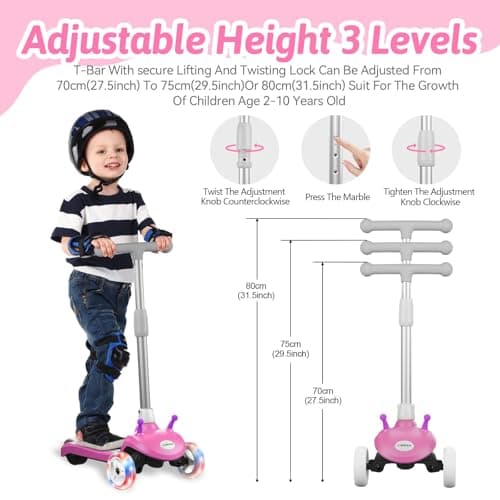 3 Wheel Electric Scooter for Kids Ages 2–8, LED Lighted Wheels, Extra Wide Anti-Slip Deck, 3 Adjustable Height Handlebars & Lean to Steer Technology, 80W Motor Scooter for Boys & Girls - Thumbnail 4
