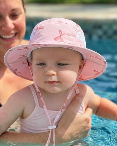 Sun Hat for Baby Boys Girls Toddler and Kids UPF 50+ with Bucket Wide Brim Summer (US, Age, 6 Months, 24 Months, White + Pink Bow) - Thumbnail 5