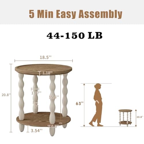 Round End Table, 2-Tier Farmhouse End Table, 18.5'' Handcrafted Weathered Look Wooden Nightstand, Pine Leg, Small Side Tables for Living Room, Small Space, Bedroom, Boho, Easy Assembly, Cream Beige - Thumbnail 2