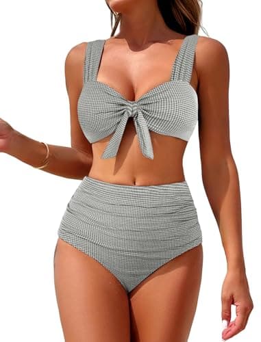 ZAFUL High Waisted Bikini Sets for Women Swim Suits 2026 Tummy Control Ruched Bikini Two Piece Bathing Suit Swimwear Black Plaid X-Large - Image 1