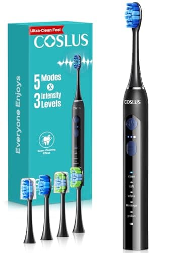 COSLUS C30 Electric Toothbrush for Adults: 3 Intensities & 5 Modes Customized for Effective Yet Gentle Ultra-Clean Feel, 2 Types of Heads for Gentle or Daily Care, Travel & Home Use, Black, 1PC - Image 1