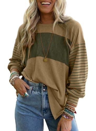 Dokotoo Womens Sweatshirt Long Sleeve Shirts Trendy Cute Tops 2025 Spring Fashion Outfits Business Casual Dressy Blouses Striped Oversized Crewneck Tshirts Sweaters Loose Fit Tunic Women Pale Khaki - Image 1