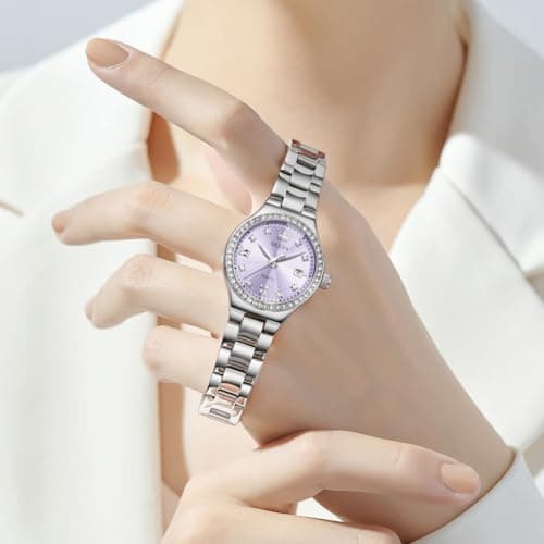 OLEVS Watch Women Purple Watches for Women Luxury Silver Ladies Watches Diamond Small Face Women's Wrist Watch Dress Stainless Steel Waterproof Dainty Analog Quartz Date Elegant Reloj para Mujer - Thumbnail 4