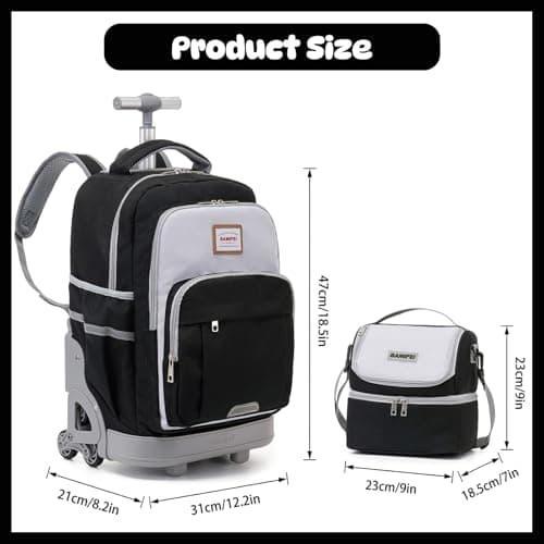 BAMIFEI 18 Inch Black Rolling Backpack for Kids, Black Climb Stairs Rolling Backpack Carry On Wheeled School Backpack, Spacious Multiple Compartments Quiet Wheels Travel Backpack for Boys - Thumbnail 2