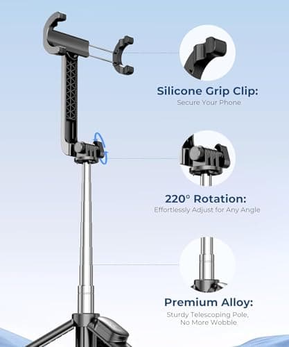 Fuloview 67” Selfie Stick Tripod for iPhone, Lightweight Travel Phone Tripod with Wireless Remote, Extendable Cell Phone Stand for Photography, Video & Live Streaming – Black - Thumbnail 5