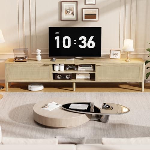 IKALIFE Rattan TV Stand for Living Room - Fits up to 85 Inch TVs, Rattan Media Console Table with Adjustable Shelves & 2 Storage Cabinets, Mid-Century Modern Entertainment Center, Oak 80" - Thumbnail 6