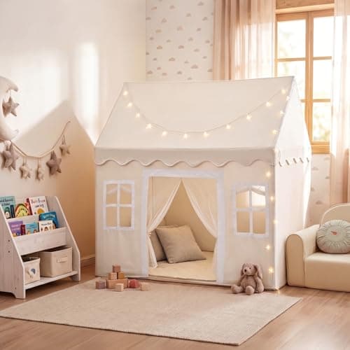 Tiny Land Play Tent with Padded Mat & LED Lights, Kids Tent, Playhouse for Kids, Indoor Bed Tent for Toddler, Toys for 3,4,5,6-Year-Old Girls, Neutral Color Play Room Furniture - Thumbnail 2