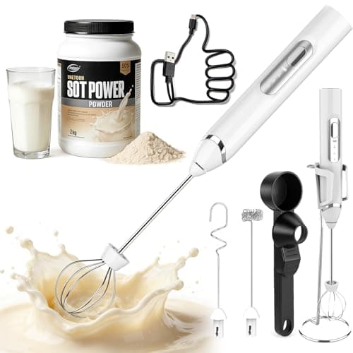 Mity Rain 4-in-1 Frother for Protein Powder, Adjustable-Waterproof, Protein Powder Scoop Funnel Set, Detachable Rechargeable Protein Mixer Wand for Coffee, Matcha, Milk, and Drinks (New White)