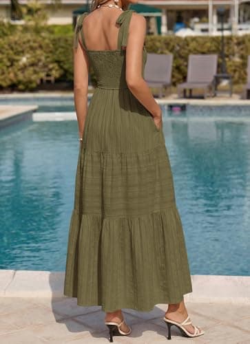 BTFBM Women's 2026 Spring Boho Spaghetti Strap Dress Casual Sleeveless Smocked A Line Beach Sundress Long Maxi Dresses(Army Green, Large) - Thumbnail 3