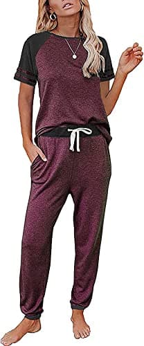 PRETTYGARDEN Women's Two Piece Outfits Jogger Sets Striped Short Sleeve Pullover and Long Pants Tracksuit Pajama Lounge Set(Wine Red,Small) - Image 1