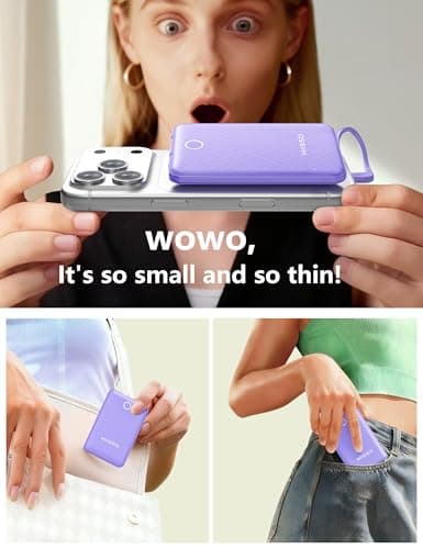 miisso 10000mAh Mini Portable Charger with Built in Cable, Pocket Size Power Bank Travel External Battery Pack for Phone, 3 Output USB Type C Cord Clutch Compatible with iPhone, Samsung, Purple - Thumbnail 5