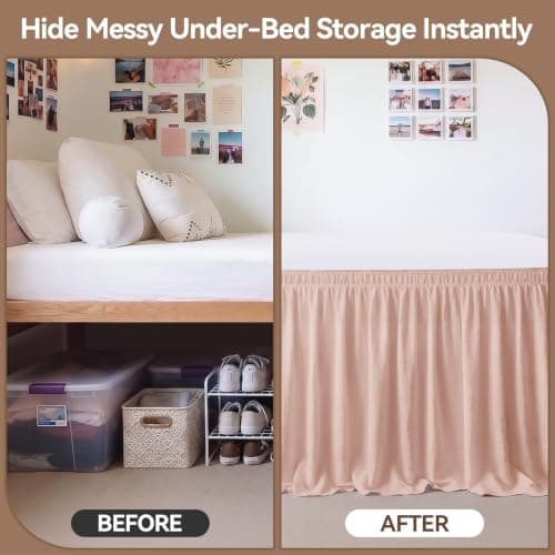 RIMELA Twin XL Bed Skirt - 36 Inch Drop, Textured Crinkle Linen-Look, Wrinkle-Free Wrap Around Elastic Dust Ruffle, Blush Pink Solid Fabric Machine Washable, Dorm Bedroom Decor - Thumbnail 3