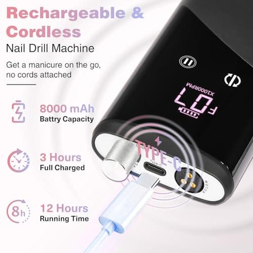 Electric Nail Drill Machine Professional, 40000 RPM Cordless Nail File with Silent Brushless Motor, Portable Rechargeable Nail Drill and Bits for Acrylic Gel Nails Polishing Removing - Thumbnail 4