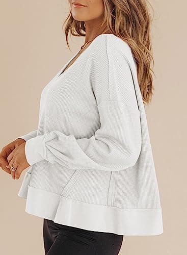 Dokotoo White Long Sleeve Shirts for Women Cropped Sweaters 2025 Spring Outfits Fashion Womens Tops Trendy Blouses Dressy Casual Loose Fit Tshirts Plain Comfort Western Waffle Knit Clothing M - Thumbnail 5