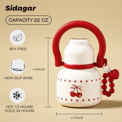 Sidagar 22 oz Water Bottle with Straw and Bowl, Unique Insulated 316L Stainless Steel Leak-Proof Flask for Women & Kids, Yoga & Travel, with Heart Bracelet Charm, Cherry White - Thumbnail 2
