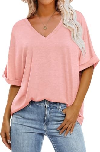 GKBK Womens Oversized T Shirts V Neck Loose Fit Shirts Short Sleeve Summer Casual Tops 2025 Trendy Blouses Y2K Plain Tees Pink XXL - Image 1