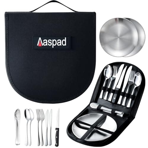Aaspad Full Size Stainless Steel Dish & Utensil Set Portable Picnic Mess Kit RV Camping Flatware Plate & Silverware Cutlery Dinnerware Packed 2 Fork,Spoon,Serrated Knife,Food Clip Outdoor Gift for Men
