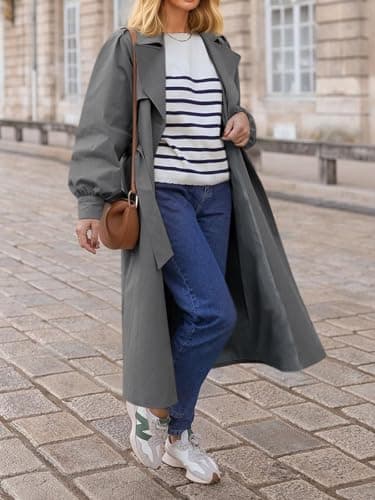 Tankaneo Womens Long Trench Coat Fall Fashion Oversized Double Breasted Lapel Overcoat Outerwear with Belt - Thumbnail 2