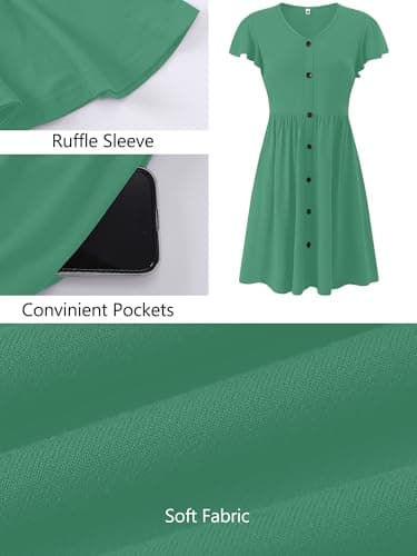 Heymoments Women Summer Dress Malachite Green XX-Large Ruffle Sleeve V Neck Casual Cute Loose Sundress Comfy Swing Button Down Midi Work Flowy Tunic Ladies Beach Vacation Teacher Dresses with Pockets - Thumbnail 4